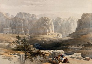 view Ancient city of Petra, looking south. Coloured lithograph by Louis Haghe after David Roberts, 1849.