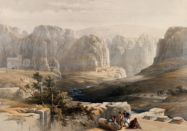 Ancient city of Petra, looking south. Coloured lithograph by Louis Haghe after David Roberts, 1849.