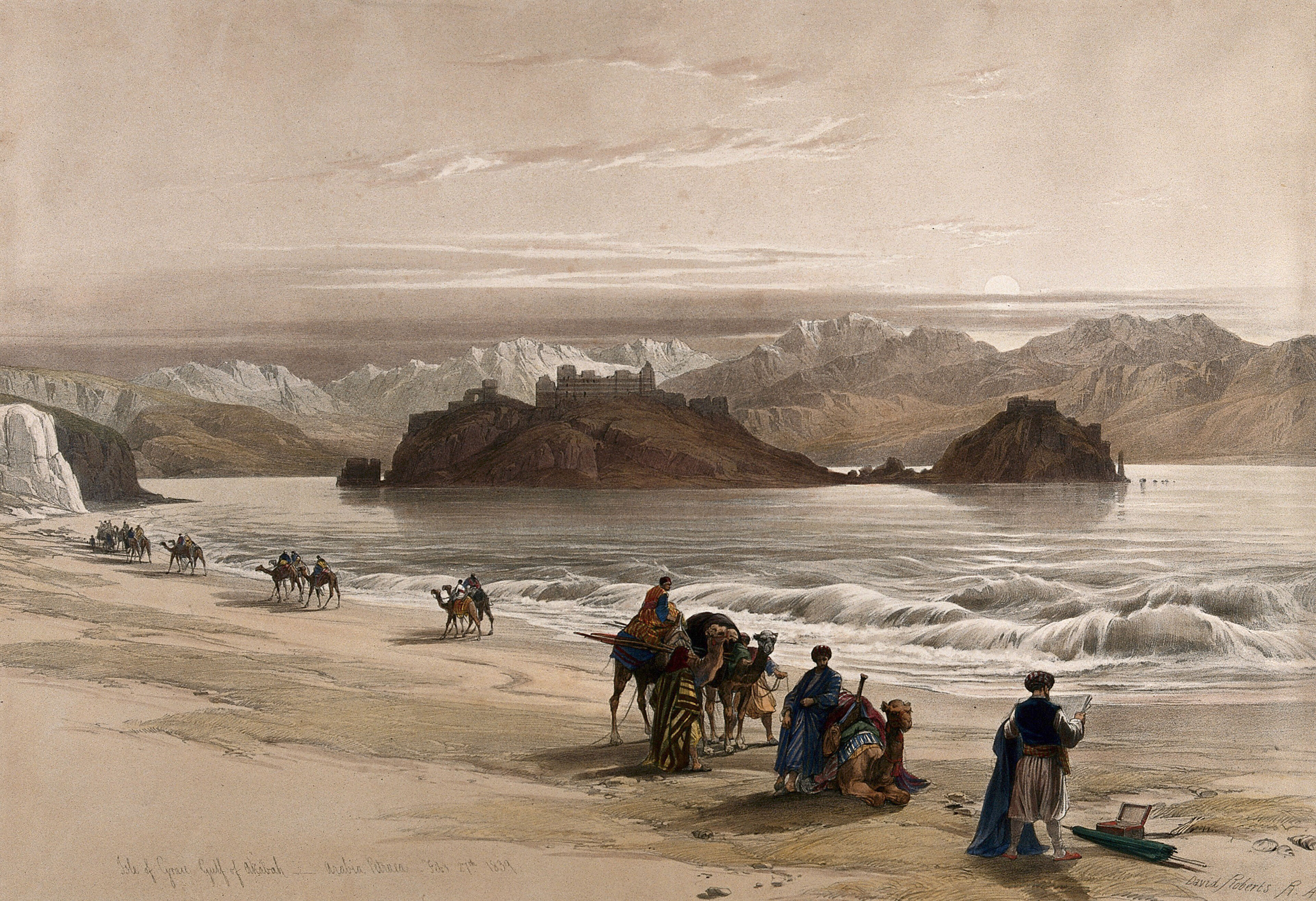 The island known as Graia, in the Gulf of Akabah, at sunset. Coloured lithograph by Louis Haghe after David Roberts, 1849.