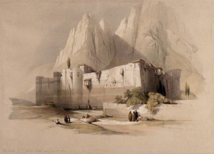 view Monastery of St. Catherine at Mount Sinai. Coloured lithograph by Louis Haghe after David Roberts, 1849.