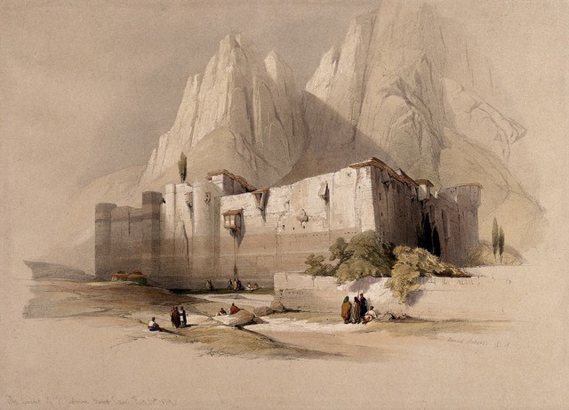 Monastery of St. Catherine at Mount Sinai. Coloured lithograph by Louis Haghe after David Roberts, 1849.