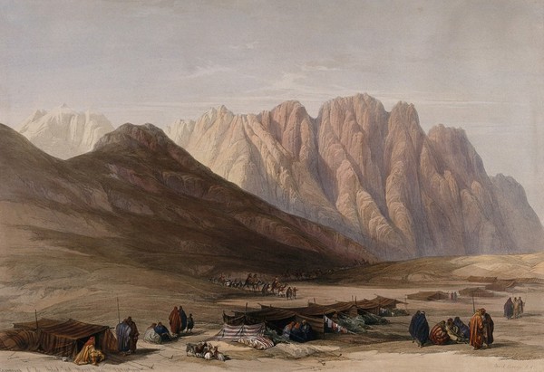 Encampment of the Aulad-Sa'id at Mount Sinai. Coloured lithograph by Louis Haghe after David Roberts, 1849.