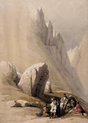 view The Rock of Moses in Wady-El-Leja valley, west of Mount Sinai. Coloured lithograph by Louis Haghe after David Roberts, 1849.