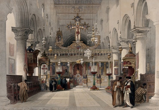 Monastery of St. Catherine at Mount Sinai: interior. Coloured lithograph by Louis Haghe after David Roberts, 1849.