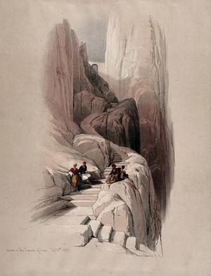 view Stone pathway to the summit of Mount Sinai. Coloured lithograph by Louis Haghe after David Roberts, 1849.