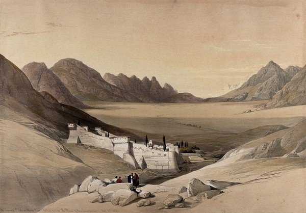 The monastery of St. Catherine at Mount Sinai, from the south. Coloured lithograph by Louis Haghe after David Roberts, 1849.