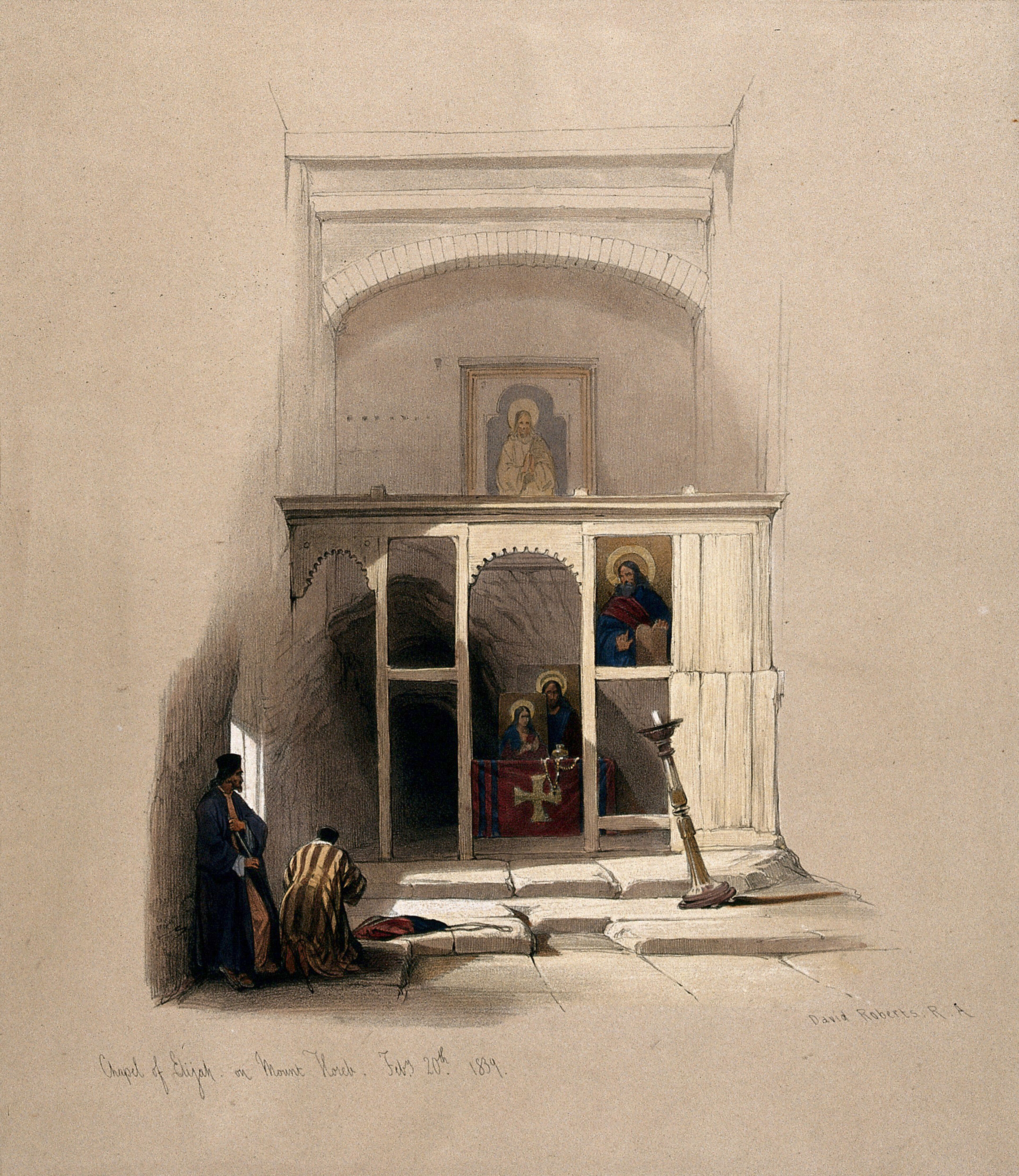 Worshippers in the chapel of Elijah on Mount Sinai. Coloured lithograph by Louis Haghe after David Roberts, 1849.