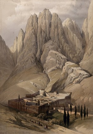 view Monastery of St. Catherine beneath Mount Sinai. Coloured lithograph by Louis Haghe after David Roberts, 1849.