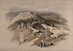 view Egyptian ruins, known as Surabit el Khadim, on Gebel Garabe. Coloured lithograph by Louis Haghe after David Roberts, 1849.