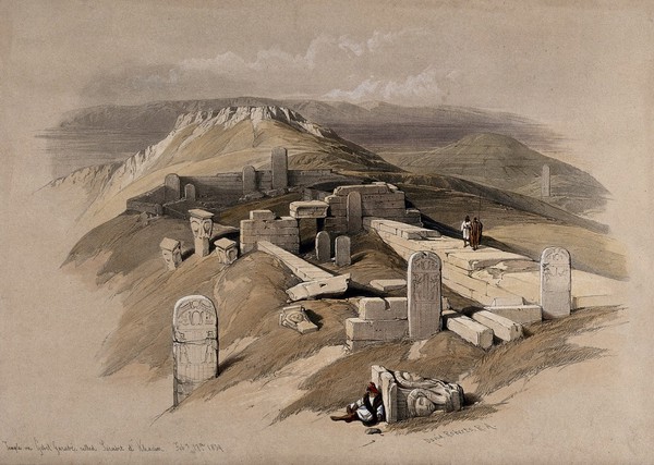 Egyptian ruins, known as Surabit el Khadim, on Gebel Garabe. Coloured lithograph by Louis Haghe after David Roberts, 1849.