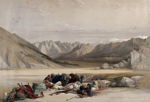 view Camels and members of the artists' travelling party resting before the approach to Mount Sinai. Coloured lithograph by Louis Haghe after David Roberts, 1849.