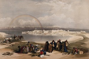 view Suez, with figures, camels and a rainbow. Coloured lithograph by Louis Haghe after David Roberts, 1849.