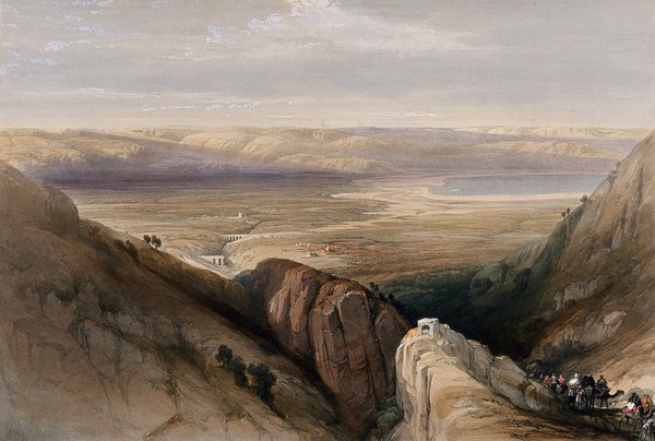 Valley of the river Jordan. Coloured lithograph by Louis Haghe after David Roberts, 1843.