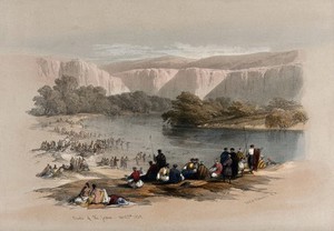 view Bathers at the banks of the Jordan river, with Achmet Aga, the governor of Jerusalem, with his guards, looking on. Coloured lithograph by Louis Haghe after David Roberts, 1843.