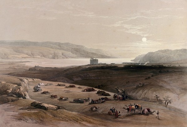 Encampment at the site of ancient Jericho. Coloured lithograph by Louis Haghe after David Roberts, 1843.