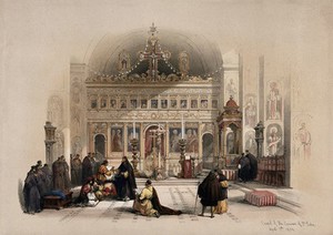 view Worshippers in the chapel of the Greek monastery of St. Saba. Coloured lithograph by Louis Haghe after David Roberts, 1843.