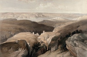 view Wilderness of Engedi, with the monastery of St. Saba, looking toward the Dead Sea. Coloured lithograph by Louis Haghe after David Roberts, 1843.