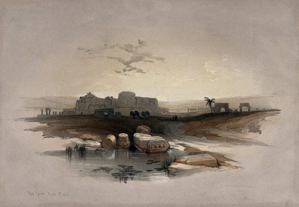 Ruined city of Beit Jibrin, or Eleutheropolis. Coloured lithograph by Louis Haghe after David Roberts, 1843.