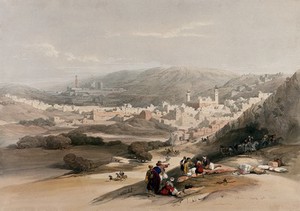 view The town of Hebron. Coloured lithograph by Louis Haghe after David Roberts, 1843.