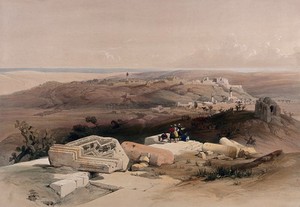 view Ruined capitals with a view of Gaza. Coloured lithograph by Louis Haghe after David Roberts, 1843.