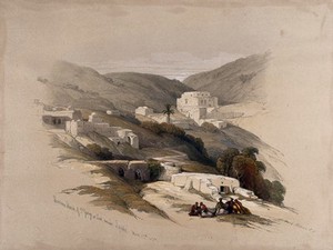 view Ruins of the church of St. George at Ludd. Coloured lithograph by Louis Haghe after David Roberts, 1843.