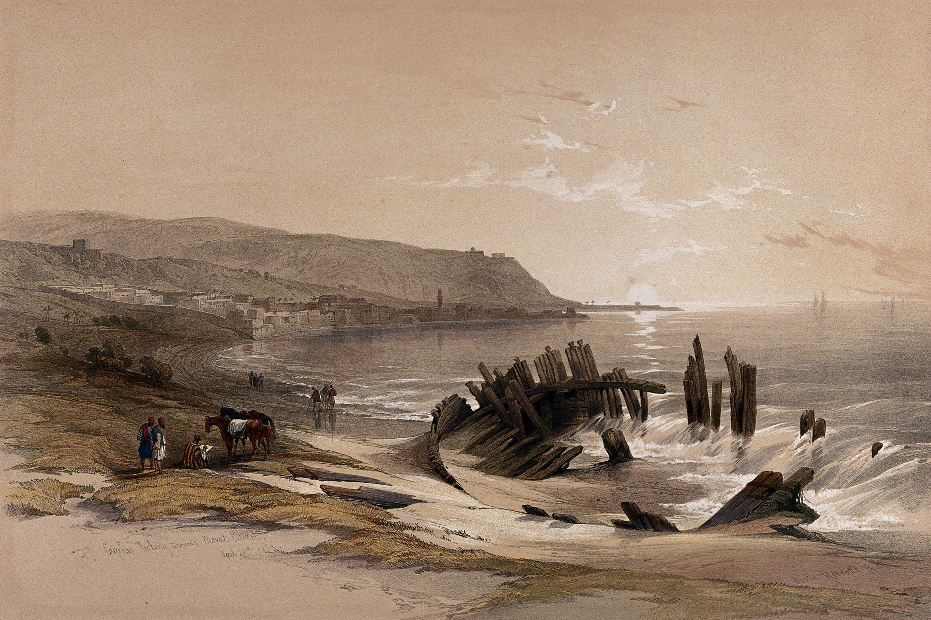 Ship Wreck Near Caiphas With Mount Carmel In The Distance