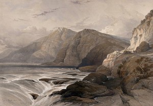 view Cape Blanco, or Ras-el-Abiad, on the Syrian coast. Coloured lithograph by Louis Haghe after David Roberts, 1843.