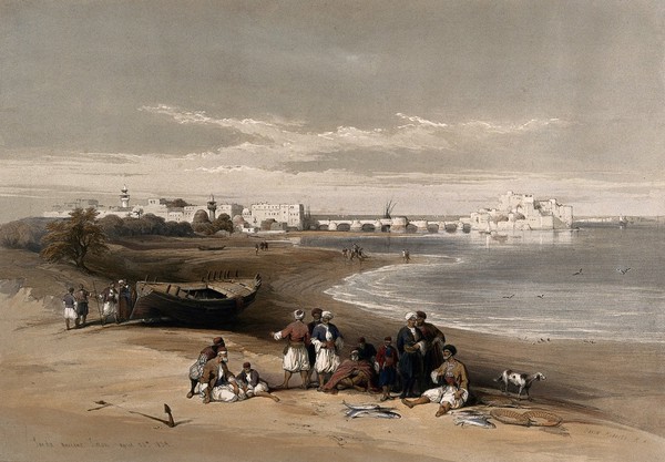 Sidon, with fishermen and other figures in the foreground. Coloured lithograph by Louis Haghe after David Roberts, 1843.