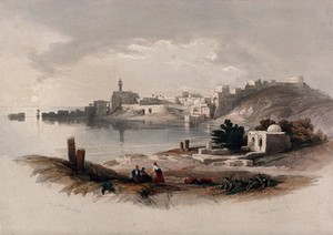 view Sidon seen from the north. Coloured lithograph by Louis Haghe after David Roberts, 1843.