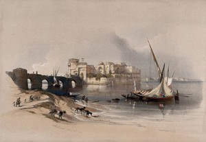 view Boats at the citadel of Sidon. Coloured lithograph by Louis Haghe after David Roberts, 1843.