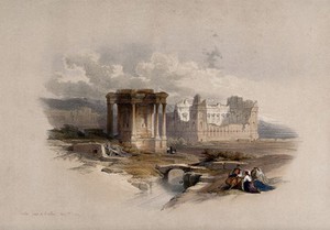 view Circular temple at Baalbec. Coloured lithograph by Louis Haghe after David Roberts, 1843.