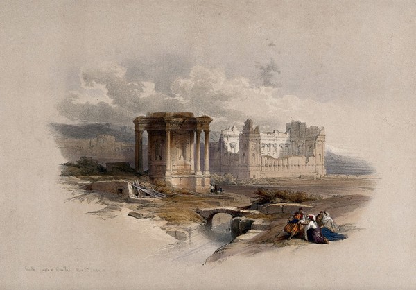 Circular temple at Baalbec. Coloured lithograph by Louis Haghe after David Roberts, 1843.