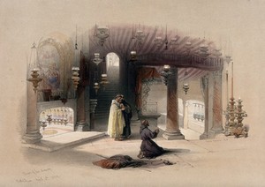 view Shrine of the Nativity, Bethlehem. Coloured lithograph by L. Haghe after D. Roberts, 1843.