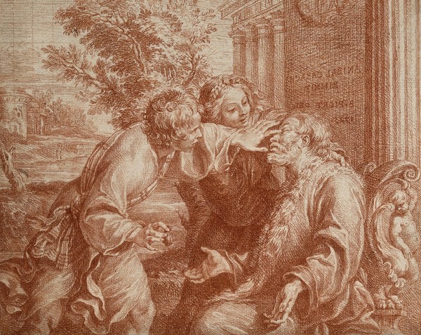 Tobit anointing his father's eyes with the gall of a fish to cure his blindness. Red chalk drawing by B. Picart, 1725, after A. Carracci.