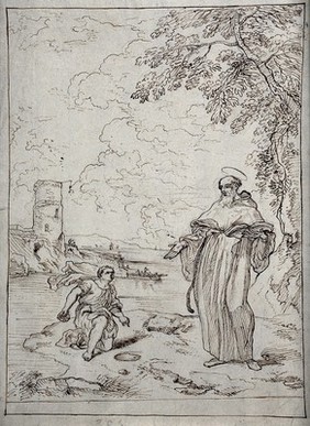 Saint Augustine of Hippo: a child compares its attempt to empty the sea with a spoon with Saint Augustine's attempts understand the Holy Trinity. Pen and ink drawing.