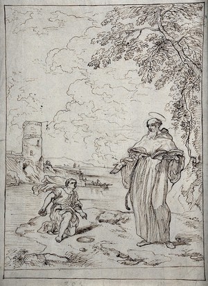 view Saint Augustine of Hippo: a child compares its attempt to empty the sea with a spoon with Saint Augustine's attempts understand the Holy Trinity. Pen and ink drawing.