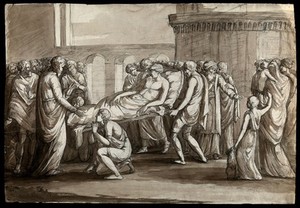 view A sick man being carried on a litter towards a standing bearded male figure; watched by crowds of people. Pen and ink drawing.