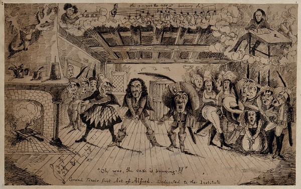 A group of figures, including Punch, enacting the finale of the first act from Alfred; overlooked by a musician and a writer visible in the clouds above. Pen and ink drawing.