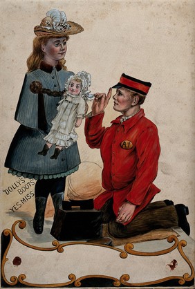 A shoe-polisher kneeling before a girl who is holding a doll. Gouache drawing.