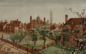 view The Tower House, Bedford Park estate in Chiswick, London. Colour lithograph by M. Trautschold, 1882.