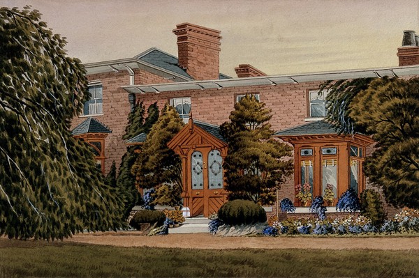 A Victorian villa seen from the front. Watercolour by W.H. Gibbs.