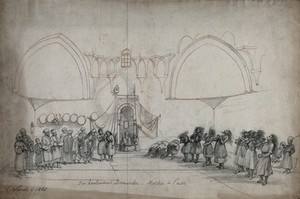 view Cairo: a group of whirling dervishes performing in a mosque. Pencil drawing by C.F.H. Werner, 1865.