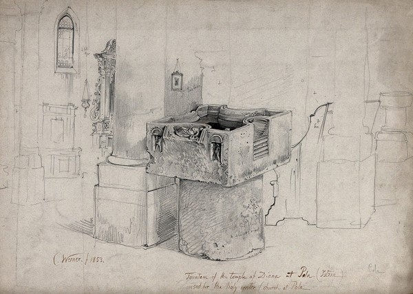 The fountain of the temple of Diana at Pela in Istria used as a holy water stoup in the church at Pela. Pencil drawing by C.F.H. Werner, 1853.