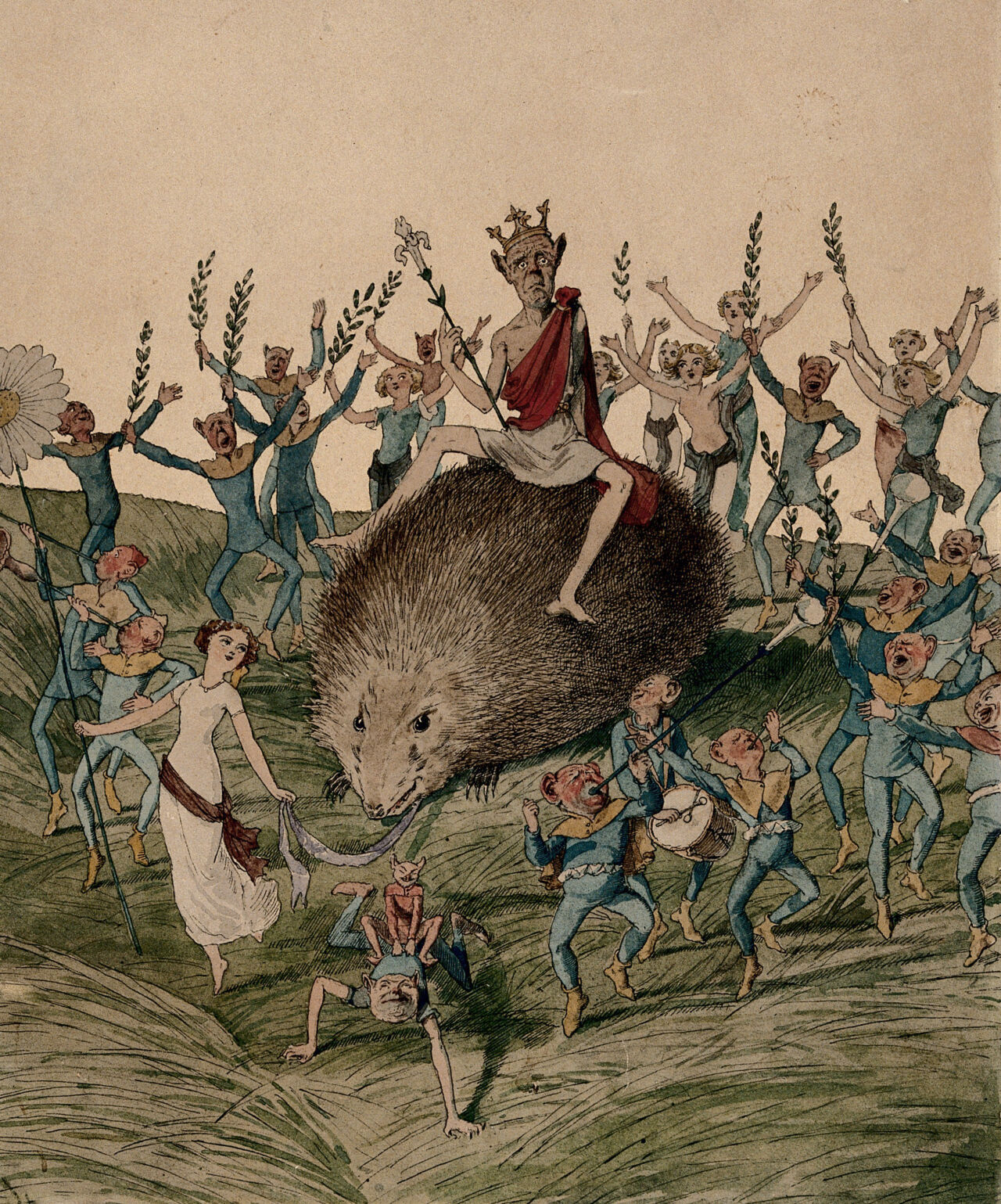 A crowned fairy king seated on a hedgehog drawn by a girl holding a giant daisy, accompanied by dancing fairies. Watercolour by C.A. Doyle., 1800-1899, by Charles Altamont Doyle