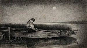 view A woman seated on a flat boat on a marsh in the moonlight. Etching.
