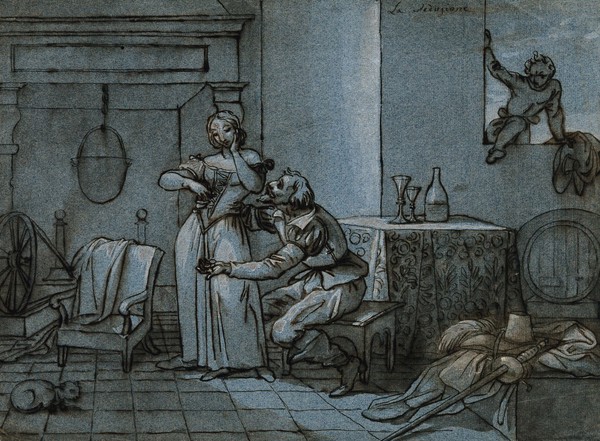 An elderly seated man proffering money to a young woman, overlooked by a young man climbing in through the window. Drawing by B. Pinelli.