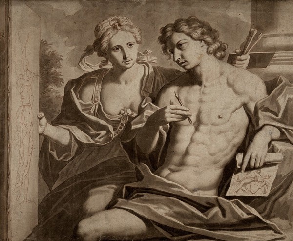 A young man holding a stylus and a drawing, being shown a drawing of Fame by a female figure personifying Painting. Wash drawing by F. Dekker after G. Reni.