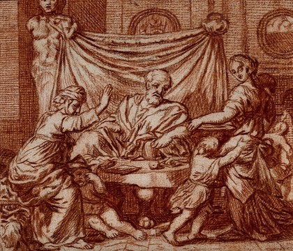 Sarah and Abraham, seated at table, are served by Hagar: Sarah demands that Abraham evict Hagar and Ishmael. Red chalk drawing after G. de Lairesse.