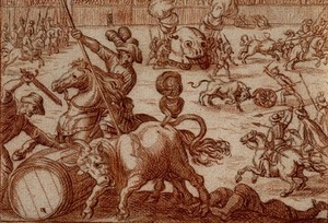 view A bull fight with mounted riders and a grotesque machine on wheels emitting smoke in the background. Red chalk drawing after Antonio Tempesta.