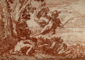view Mercury flying off with the head of Argus whose decapitated body lies on the ground. Red chalk drawing.